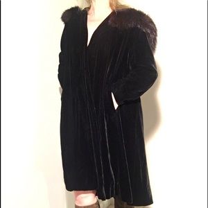 Black velvet fur lined cape evening coat